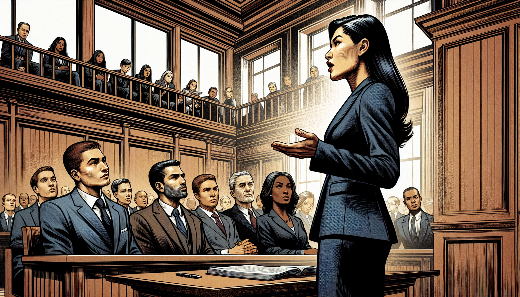 Woman in a suit addressing a courtroom audience, emphasizing legal representation in DUI accident cases, with attentive jurors and a wooden courtroom setting.