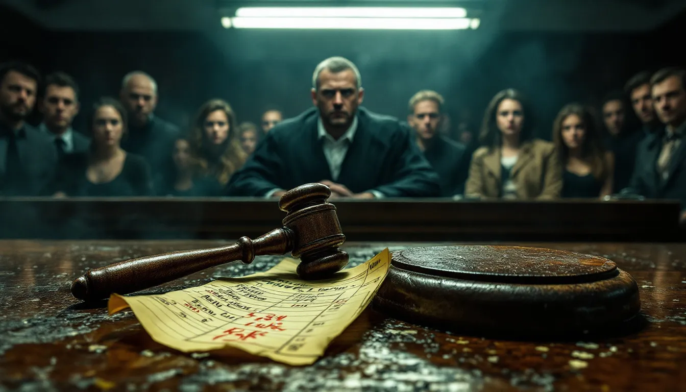 Gavel and legal documents in courtroom setting with audience, emphasizing criminal defense and traffic violations in New York.